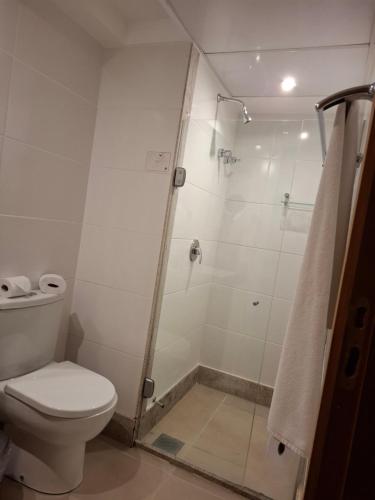 Vista Azul Apart - Vista Mata Atlântica في بيدرا أزول: حمام مع دش مع مرحاض وباب زجاجي