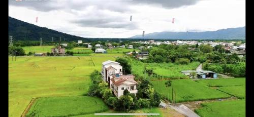 an aerial view of a house in a green field at Home-Link B&B in Fenglin