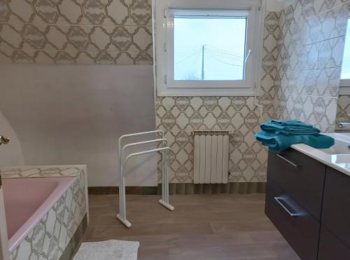 a bathroom with a pink tub and a sink and a window at Les Hortensias Entre Terre Et Mer in Plogoff