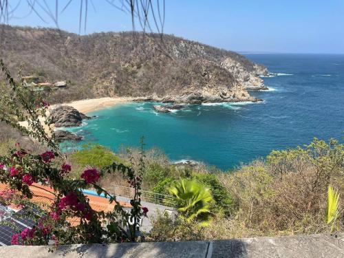 a view of a beach with the ocean at Bungalow Mar y Luna in Puerto Ángel