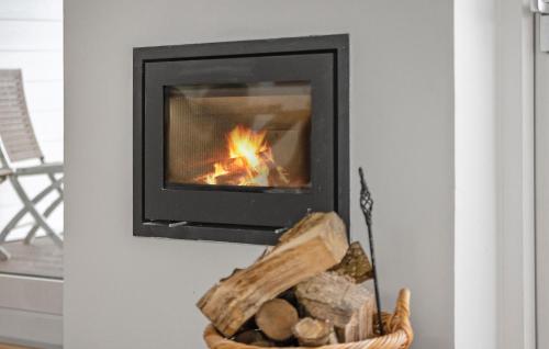 a fireplace in a room with a basket of logs at Gorgeous Home In Gråsten With Sauna in Gråsten