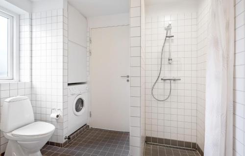 a bathroom with a toilet and a shower at Gorgeous Home In Gråsten With Sauna in Gråsten