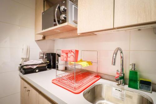 a kitchen counter with a dish rack on the sink at HOM I SKI OUT 4PAX Edif Licancabur Valle Nevado 206A in Lo Barnechea