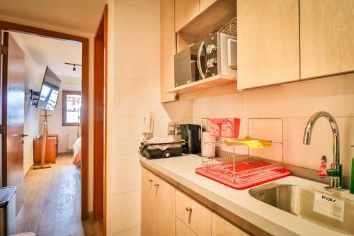 a kitchen with a sink and a counter top at HOM I SKI OUT 4PAX Edif Licancabur Valle Nevado 206A in Lo Barnechea