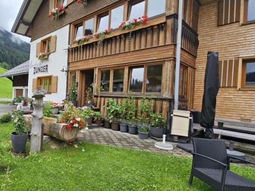 a building with potted plants in front of it at Holiday Apartment in Mittelberg with Wifi in Mittelberg