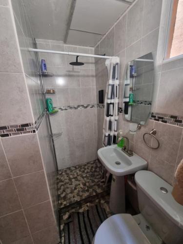 Un baño con ducha, inodoro y lavabo. en El depa de Natalia a min de aeropuerto y estadio GNP, en Ciudad de México