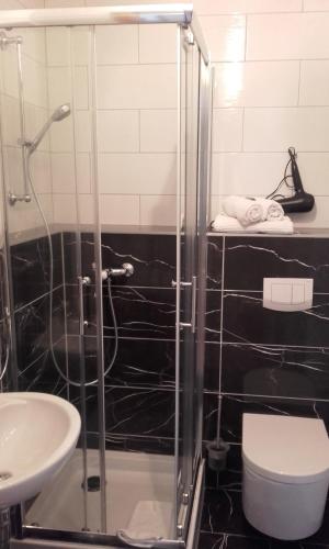 a bathroom with a shower and a toilet and a sink at Pension Marillenhof in Melk