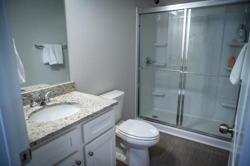 a bathroom with a shower and a toilet and a sink at Shoo Fly at Lake Oconee - Lakefront, Kayaks, Games in Eatonton