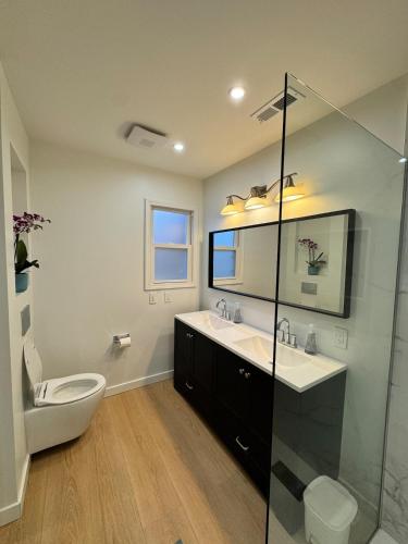 a bathroom with a toilet and a sink and a mirror at Newly Renovated house in the Best location of TriCities in Johnson City