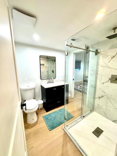 a bathroom with a toilet and a sink and a shower at Newly Renovated house in the Best location of TriCities in Johnson City