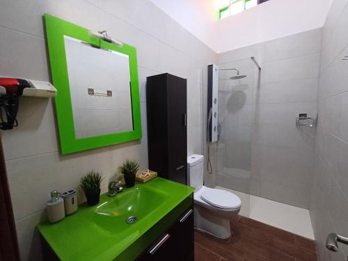 a bathroom with a green sink and a toilet at Bungalow Albatros Relajante BBQ en Maspalomas in Playa del Ingles