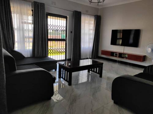 a living room with two couches and a tv at Aquifers Executive Bed and Breakfast in Lilongwe