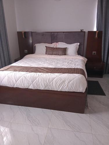 a bedroom with a large bed with a wooden headboard at Aquifers Executive Bed and Breakfast in Lilongwe