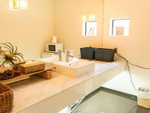 a bathroom with a sink and a mirror at Calm Lanai Harbor in Nichinan