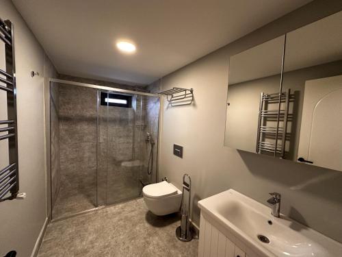 a bathroom with a shower and a toilet and a sink at OTTO Tunalı Houses in Ankara