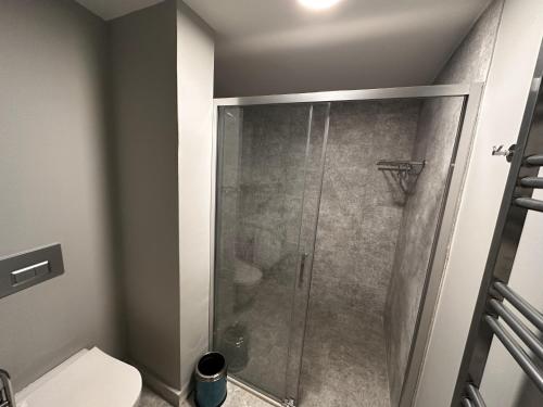 a bathroom with a shower with a toilet at OTTO Tunalı Houses in Ankara