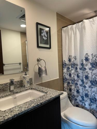 un bagno con lavandino, WC e doccia di Cozy apartment near to Costa Rica Airport a Heredia