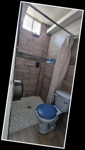 a bathroom with a blue toilet in a shower at Bello mini Depa DxA - rentaflex com mx in Mexico City