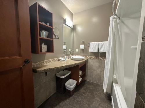 ein Badezimmer mit Waschbecken und Dusche in der Unterkunft Solara 2BR Retreat - Pool - Hot Tub & Resort Perks in Canmore