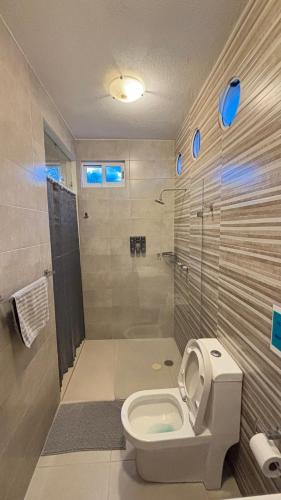 a bathroom with a toilet and a shower at Loft Huamuche San Sebastián Tutla in Yelateni