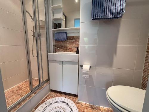 クックスハーフェンにあるHaus-Frauenpreis-Wohnung-57のバスルーム(シャワー、トイレ付)、