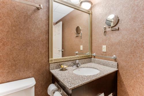a bathroom with a sink and a mirror and a toilet at Best Western PLUS Morristown Inn-Florham Park in Morristown