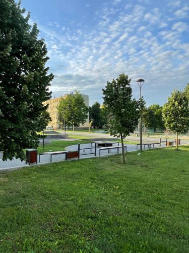 a park with benches and trees in the grass at Apartament Max in Busko-Zdrój