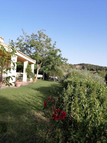 a yard with red flowers and a house at S'orrosa casa vacanze bifamiliare in montagna panorama stupendo Sardegna in Seùlo