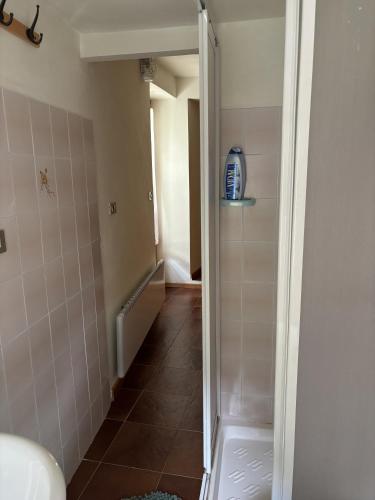 a bathroom with a shower and a tile hallway at Casetta immersa nella natura in Ostana