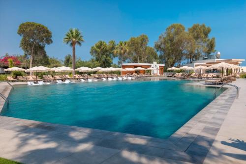 a large swimming pool with chairs and umbrellas at Merit Royal Gardens Hotel & Casino in İskele