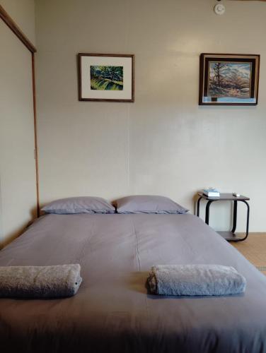 a large bed in a room with two pillows on it at Taisetsu Art Stay in Kamikawa
