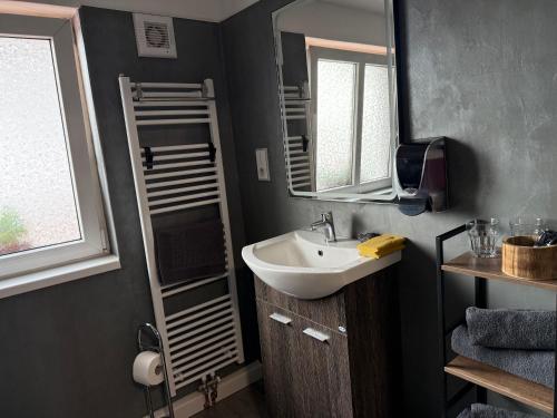 a bathroom with a sink and a mirror at Restaurace Hotel Praha in Nižbor