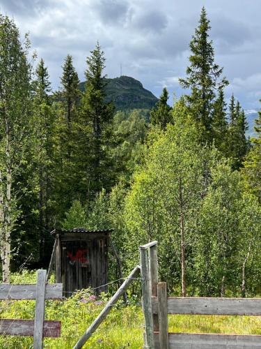 an out house in the woods with a fence at Koselig hytte på hugastølen in Vang I Valdres