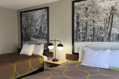 a hotel room with two beds and a picture on the wall at Super 8 by Wyndham Evansville East in Evansville