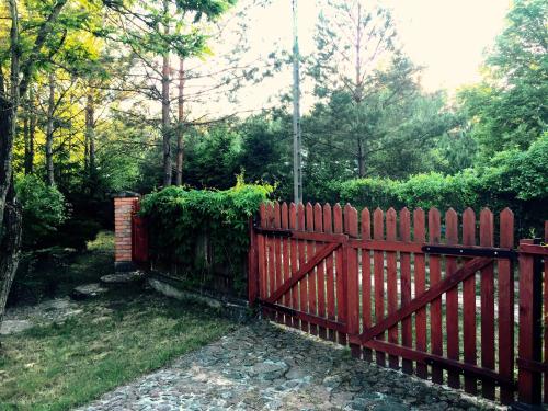 a red fence in front of a yard at Dom letniskowy w Borach Tucholskich in Tleń