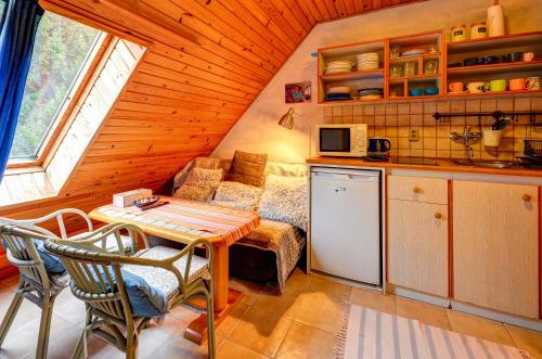a small kitchen with a table in a room at Chalupa v Meziluzi in Meziluží