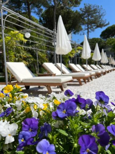 a row of white lounge chairs and purple and white flowers at Hotel Greif in Lignano Sabbiadoro