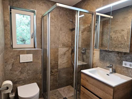 a bathroom with a shower and a toilet and a sink at Apartment Neukirchen near Ski Slopes in Neukirchen am Großvenediger