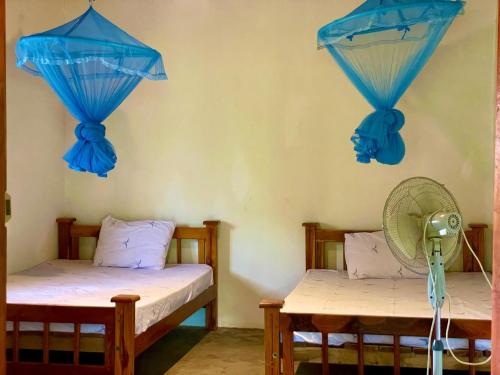 two beds in a room with blue curtains and a fan at The Happy House Nature Retreat in Talakolawela