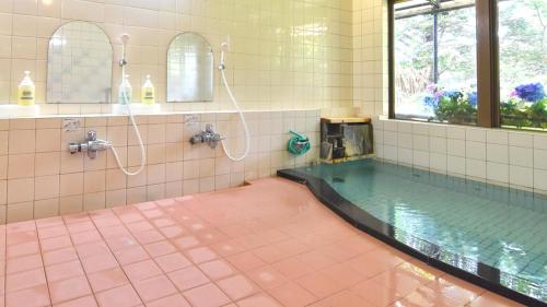a large bathroom with a pool of water in a tub at Kanesada Ryokan in Kuroishi