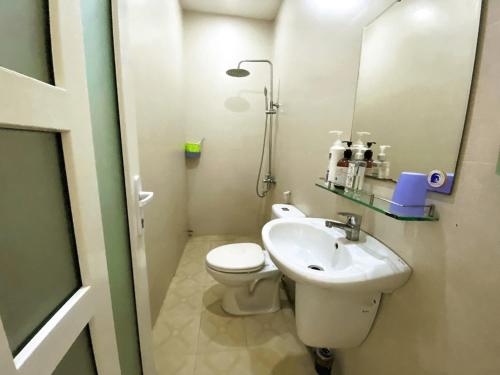 een badkamer met een wastafel, een toilet en een spiegel bij Vina Home in Ho Chi Minh-stad