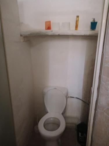 a small bathroom with a white toilet in a room at Villa des Filaos et du lagon o6, 93 , 70 , 59 , 79 in Saint-Leu