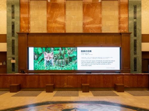 a large screen in a building with a tv at Jozankei Manseikaku Hotel Milione in Jozankei