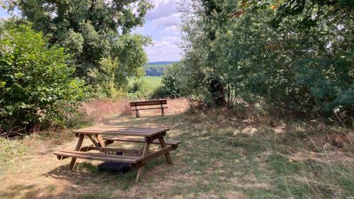 a picnic table and a bench in a field at Métairie de Moutiques in Cazaubon
