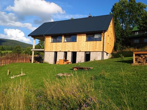 a house with a black roof on a green field at Výhledovka chalet in Rokytnice nad Jizerou