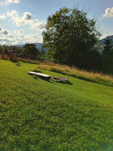 a field of green grass with a bench in it at Výhledovka chalet in Rokytnice nad Jizerou