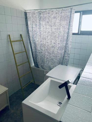 une salle de bain avec un lavabo avec une croix dessus dans l'établissement Square du Château, à Schiltigheim