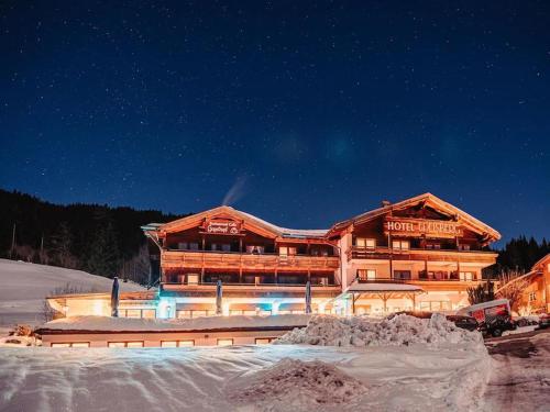 a large ski lodge in the snow at night at Hotel Edelsberg in Untergschwend