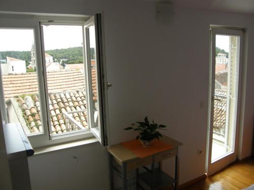 a room with two windows and a table with a plant at Apartments Jakova Dudana 10 in Makarska