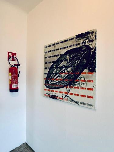 a picture of a fish on a wall with a fire extinguisher at NUMBR25 - self service & low budget Hotel in Graz